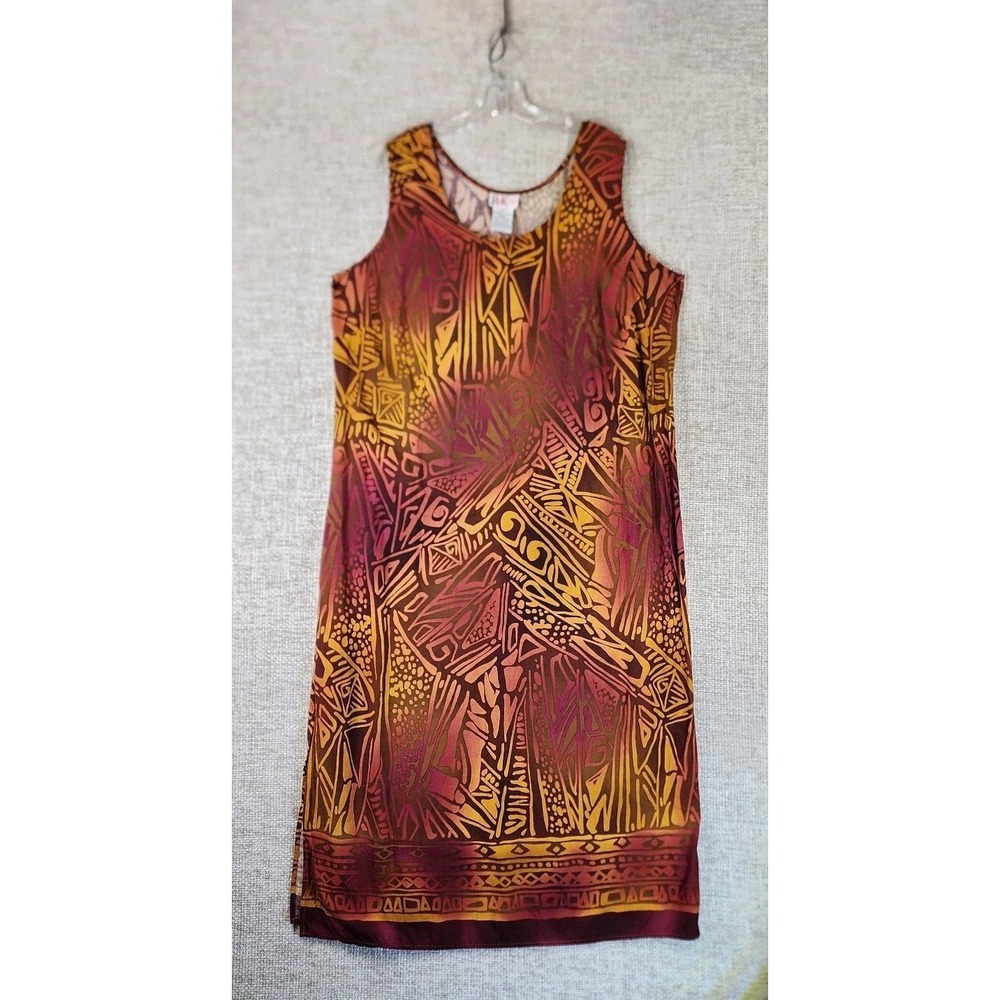R&K Originals Tribal Batik Sleeveless Maxi Dress Womens 22W Brown Red Side Slits